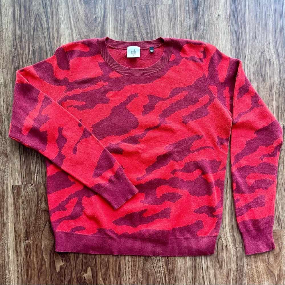 Cabi Sakura Fiery Rhubarb Red Camo Pullover Sweater Womens Size Medium